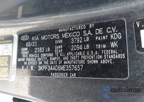 2021 Kia Forte Gt-Line z USA, uszkodzony, nr VIN 3KPF34AD6ME357657